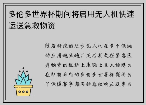 多伦多世界杯期间将启用无人机快速运送急救物资