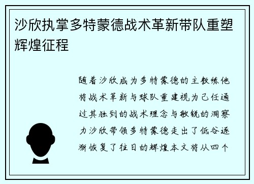 沙欣执掌多特蒙德战术革新带队重塑辉煌征程