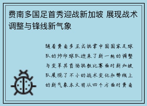 费南多国足首秀迎战新加坡 展现战术调整与锋线新气象